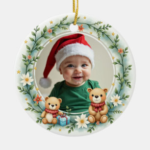 1e Kerstmis 2-zijdige Beer Knuffels & Hulst Keramisch Ornament