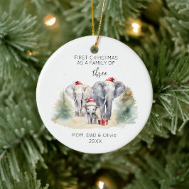 1e Kerstmis als Familie van 3 Waterverf Olifant Keramisch Ornament