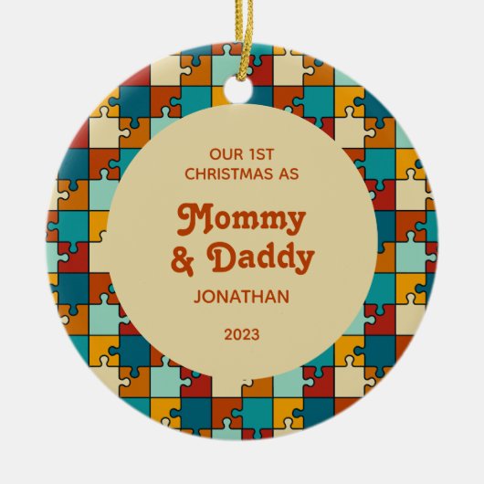 1e Kerstmis als Mam & Pap  Puzzel Foto Keramisch Ornament (Voorkant)