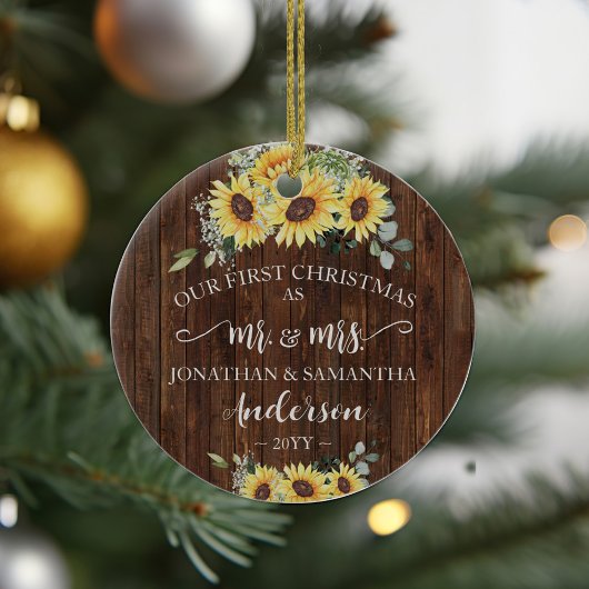 1e Kerstmis als Mr & Mrs Pas getrouwd Hout Zonnebl Keramisch Ornament