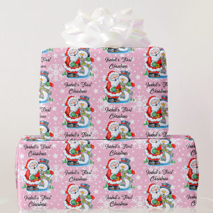 1e Kerstmis Baby's Naam Leuke Kerstman Meisje Cadeaupapier