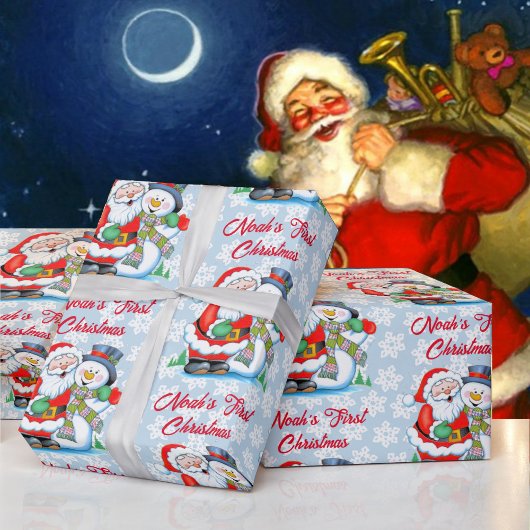 1e Kerstmis Baby's personaliseren Naam Kerstman Cadeaupapier