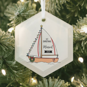 1e Kerstmis Getrouwd 2025   Schattig Maritiem Glas Ornament