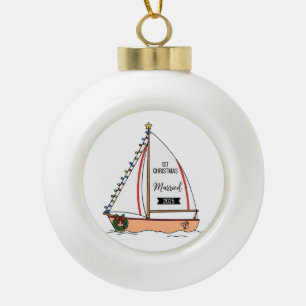 1e Kerstmis Getrouwd 2025 Schattig Maritiem Keramische Bal Ornament