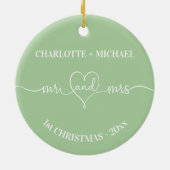 1e Kerstmis pasgetrouwden namen hart salie groen Keramisch Ornament (Achterkant)