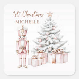 1e Kerstmis Roze Notenkraker Snowy Tree Vierkante Sticker