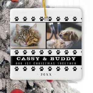 1e Kerstmis Samen Kat Hond Poot 2 Foto Keramisch Ornament