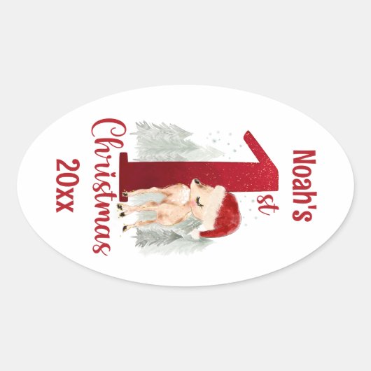 1e Kerstmis Schattige Herten Santa Hoed Baby Boy Ovale Sticker (Voorkant)
