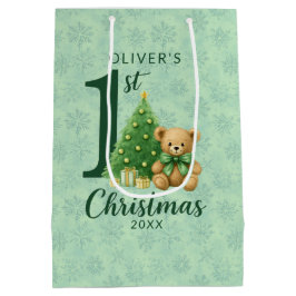 1e Kerstteddybeer met groene boom Medium Cadeauzakje