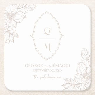 1e Letters Bruid, bruidegom met Magnolia Line Art Vierkante Kartonnen Onderzetter