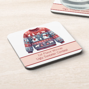 1e plaats winnaar lelijke trui wedstrijd rood blau bier onderzetter