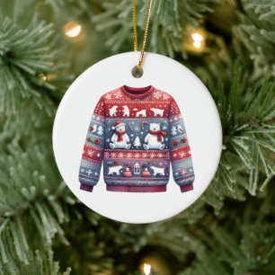 1e plaats winnaar lelijke trui wedstrijd rood blau keramisch ornament