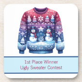 1e plaats Winnaar Ugly Sweater Blauw Rood Paarse Bier Onderzetter (Voorkant)