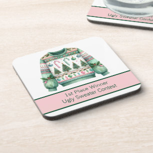 1e plaats Winnaar Ugly Sweater Contest Groen Roze Bier Onderzetter