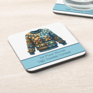 1e plaats Winnaar Ugly Sweater Contest Tree Lights Bier Onderzetter