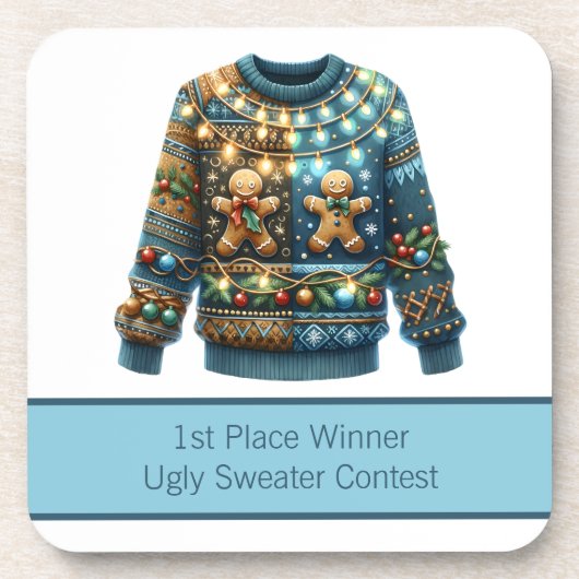 1e plaats Winnaar Ugly Sweater Contest Tree Lights Bier Onderzetter (Voorkant)