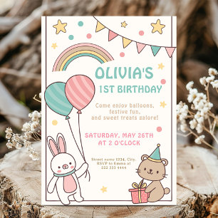 1e Rainbow Bunny verjaardagsfeest Kaart