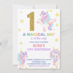 1e Rainbow Unicorn Verjaardag Uitnodigingen Vliege