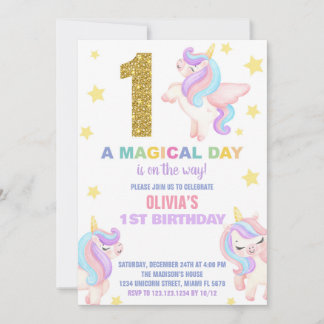 1e Rainbow Unicorn Verjaardag Uitnodigingen Vliege