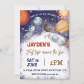 1e reis rond de zon ruimte verjaardag uitnodiging (Voorkant)