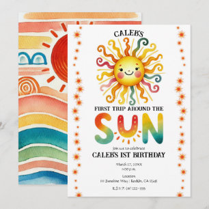 1e Reis Rond de Zon Waterverf Verjaardagsfeestje Kaart