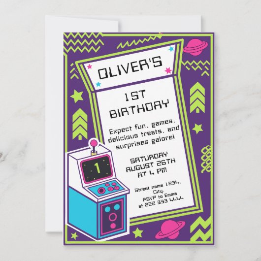 1e Retro Arcade Verjaardag Uitnodiging (Voorkant)