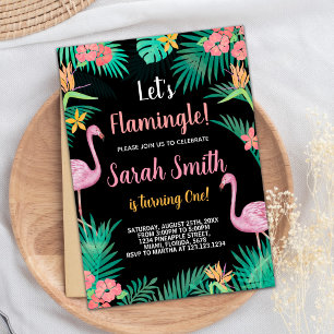 1e roze flamingo verjaardagsuitnodigingen kaart