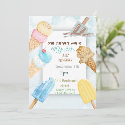 1e Schep Ijsje Thema Verjaardagsuitnodiging Kaart (Staand voorkant)