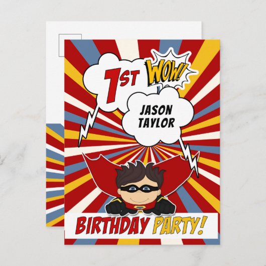 1e stripverhaal superheld gestileerde verjaardagsf uitnodiging briefkaart (Voorkant / Achterkant)