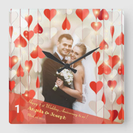 1e trouwdag harten gordijn wandklok vierkante klok