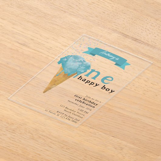 1e verjaardag 1 Happy Boy Blue Ice Cream Acryl Uitnodigingen (Laagn)