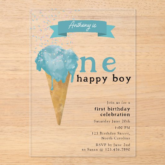 1e verjaardag 1 Happy Boy Blue Ice Cream Acryl Uitnodigingen (Voorkant)