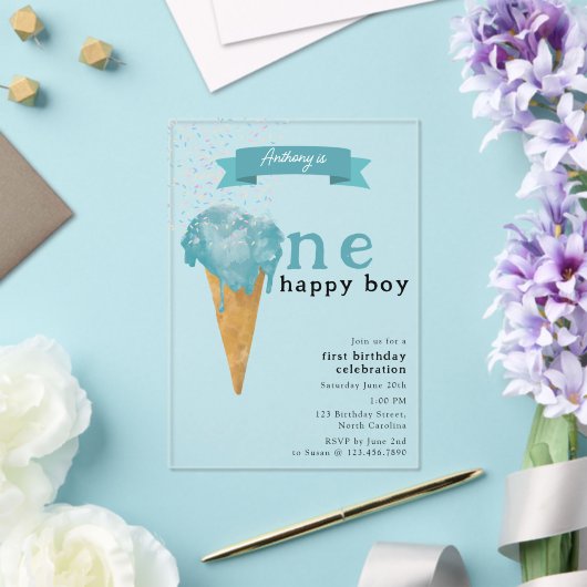 1e verjaardag 1 Happy Boy Blue Ice Cream Acryl Uitnodigingen (Insitu (Huwelijk))