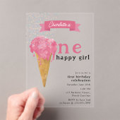 1e verjaardag 1 Happy Girl Pink Ice Cream Acryl Uitnodigingen (Insitu (Draagbaar))