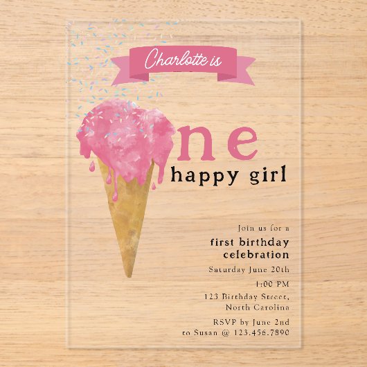 1e verjaardag 1 Happy Girl Pink Ice Cream Acryl Uitnodigingen (Voorkant)