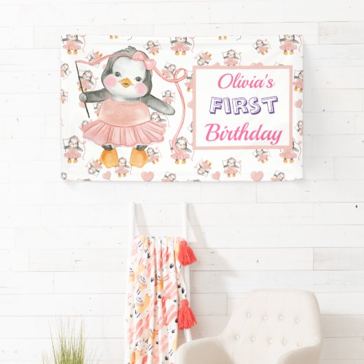 1e verjaardag Ballerina Penguin Roze Spandoek (Insitu)