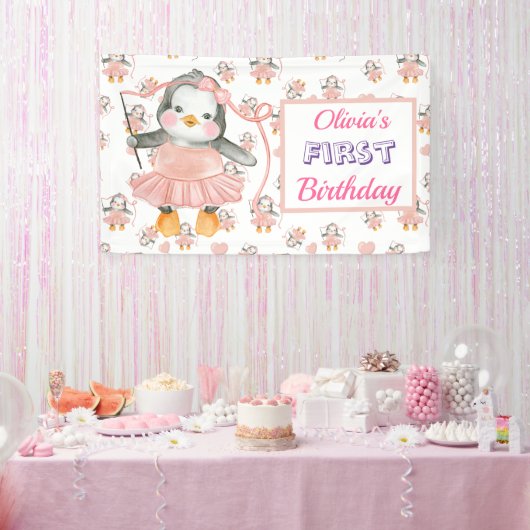 1e verjaardag Ballerina Penguin Roze Spandoek (Feest)