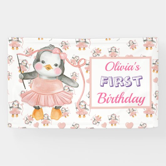 1e verjaardag Ballerina Penguin Roze Spandoek (Horizontaal)