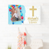 1e verjaardag Baptism Blue Boy Gold Foto Spandoek (Insitu)