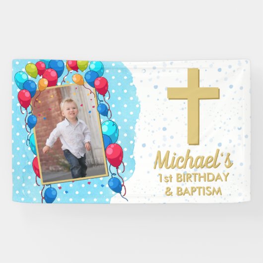 1e verjaardag Baptism Blue Boy Gold Foto Spandoek (Horizontaal)