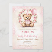 1e Verjaardag Beer Roze Rozen Invitation Kaart (Voorkant)