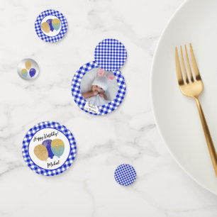 1e verjaardag Blauwe Gingham ballonnen & foto Confetti