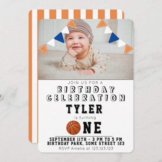 1e verjaardag Cute Basketball Balls Kinder Foto Kaart (Voorkant / Achterkant)