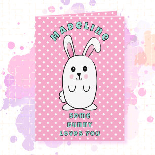 1e verjaardag Cute Bunny Cartoon Roze Wit Blauw   Kaart