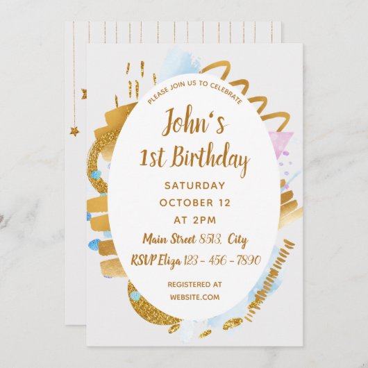 1e verjaardag - Delicate Golden - Uitnodiging tot (Voorkant / Achterkant)