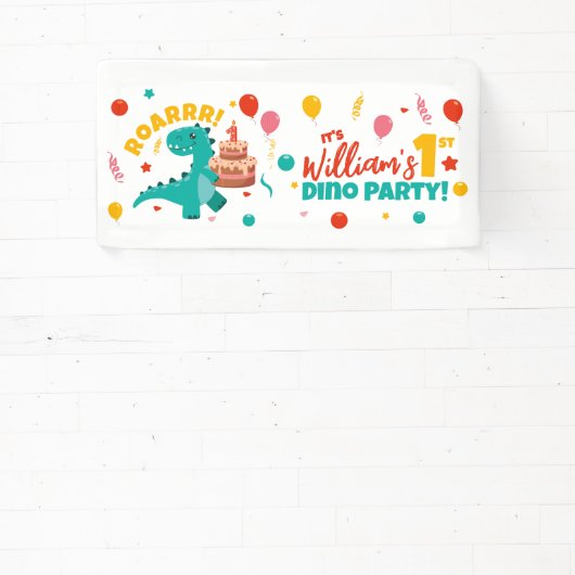 1e verjaardag Dino Party Flat Kleurrijk Spandoek (Insitu)