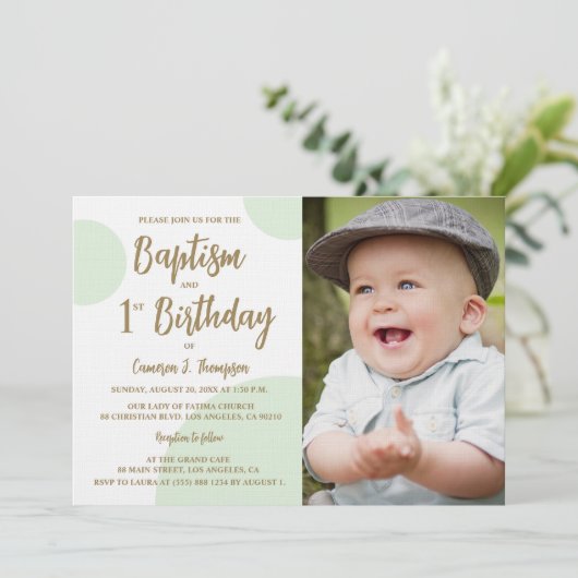 1e Verjaardag Doop Foto Groen Goud Custom Kaart (Staand voorkant)