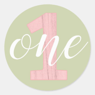 1e verjaardag één saliegroen & roze hout ronde sticker
