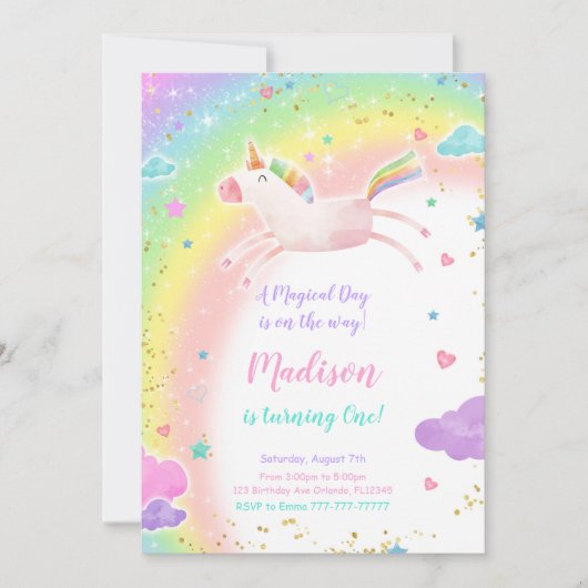 1e Verjaardag Eenhoorn Party Uitnodiging (Voorkant)