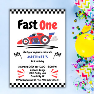 1e verjaardag Fast One Red Blue Race Car Kaart